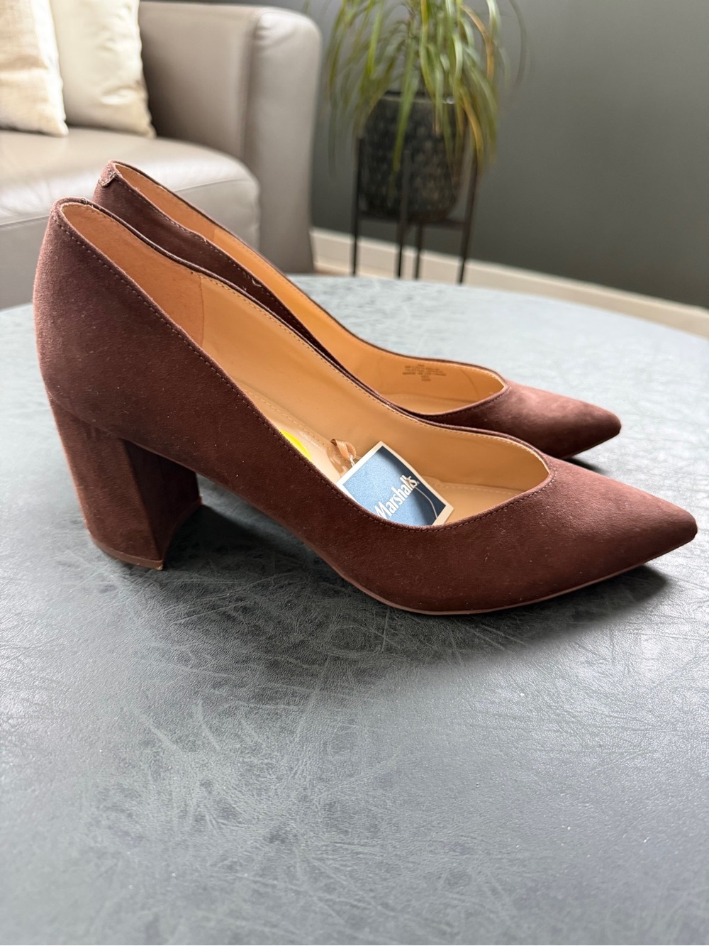 Marc Fisher Brown Suede Pointed Toe Block Heel Pumps